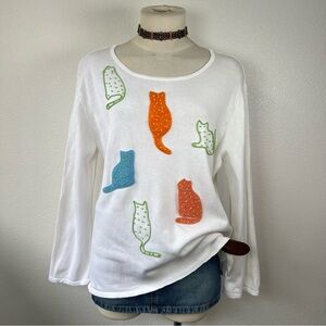 White Long Sleeve Top with Colorful Cat Designs